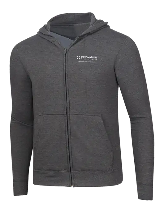 Dark Heather Grey 8.5 oz Ring Spun Zip Hooded Sweatshirt w/Innovation Care Partners Logo