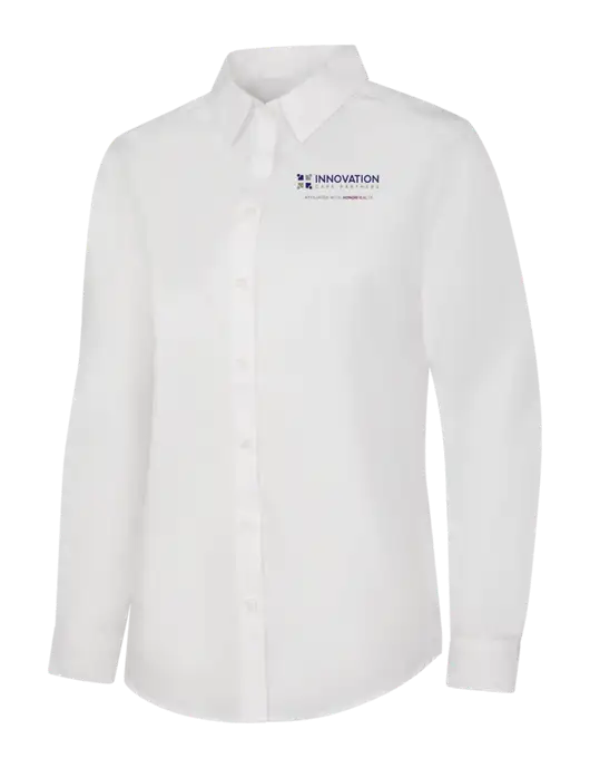 Womens White Long Sleeve Carefree Poplin Shirt w/Innovation Care Partners Logo