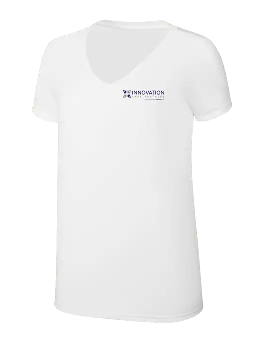 Womens Simply Soft V-Neck White 4.5oz  Poly/Combed Ring Spun Cotton T-Shirt w/Innovation Care Partners Logo