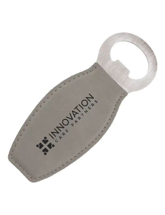 Grey Leatherette Bottle Opener with Magnet w/Innovation Care Partners Logo
