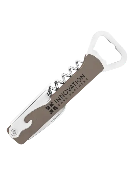 Grey Leatherette Wine Bottle Opener w/Innovation Care Partners Logo