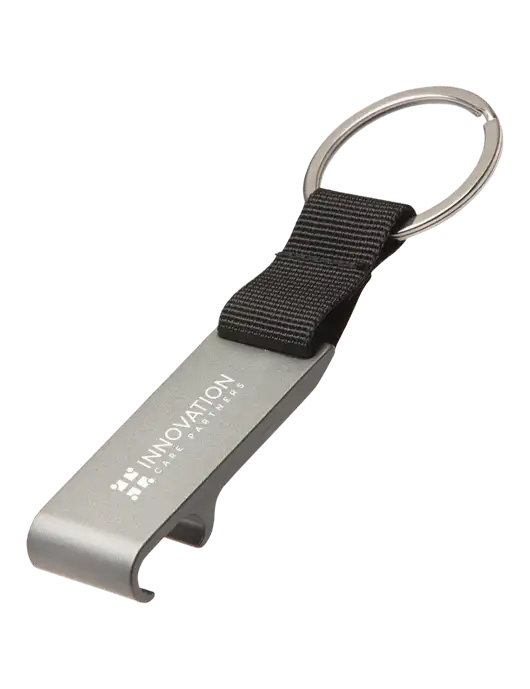 Gunmetal Bottle Opener & Key Ring w/Innovation Care Partners Logo