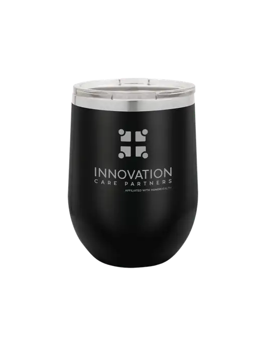 Polar Camel 12 oz Powder Coated Black Vacuum Insulated Stemless Wine Tumbler w/Innovation Care Partners Logo