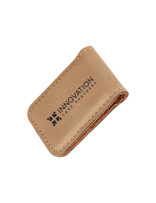 Tan Leatherette Money Clip w/Innovation Care Partners Logo