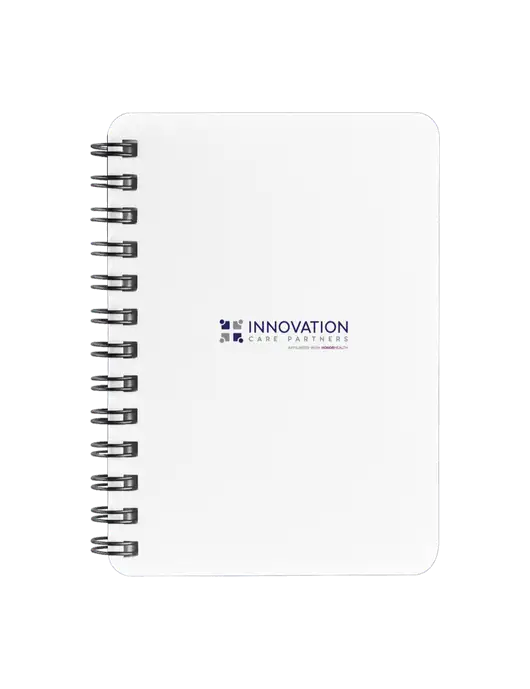 Sturdy White Hardcover Notebook, 5.25 x 7 w/Innovation Care Partners Logo