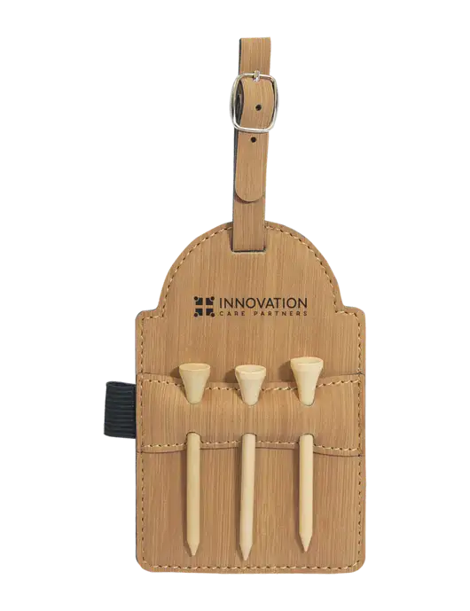 Bamboo Leatherette Golf Bag Tag with 3 Wooden Tees w/Innovation Care Partners Logo