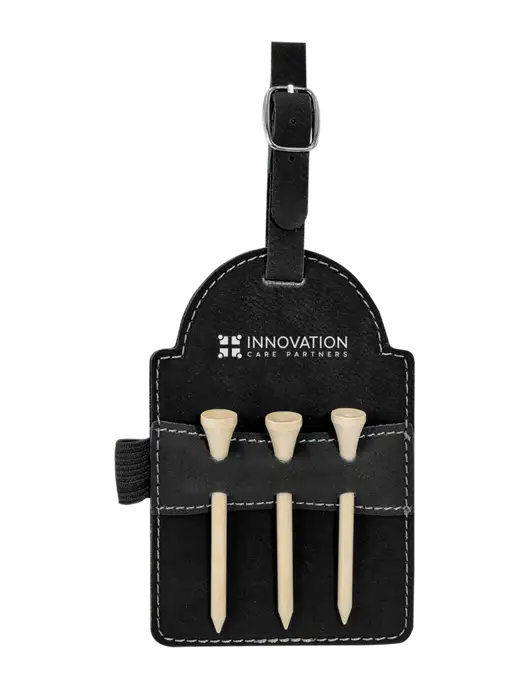Black Leatherette Golf Bag Tag with 3 Wooden Tees w/Innovation Care Partners Logo