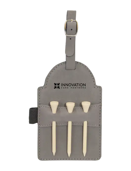 Grey Leatherette Golf Bag Tag with 3 Wooden Tees w/Innovation Care Partners Logo
