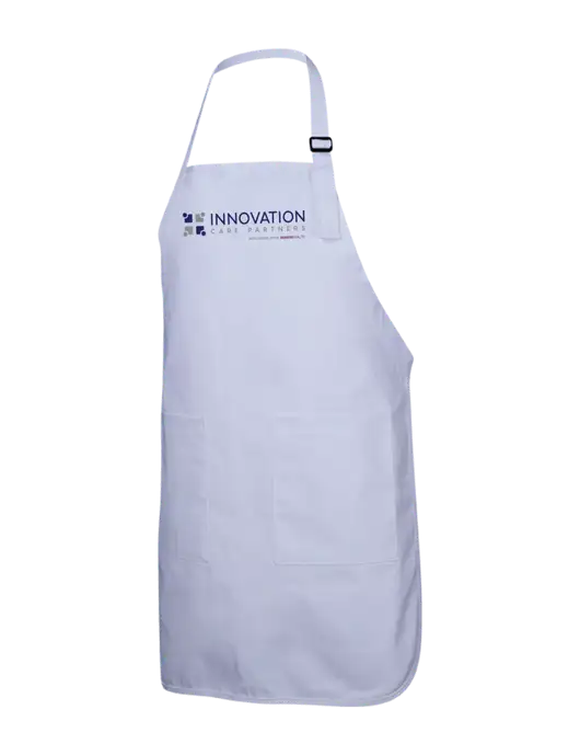 Full-Length White Apron With Pockets w/Innovation Care Partners Logo