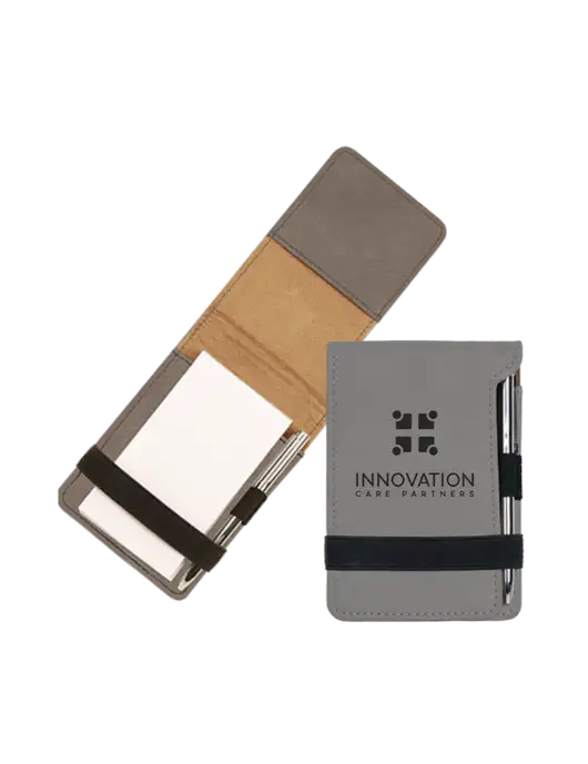 Grey Leatherette Mini Notepad with Pen,  3.25 x 4.75 w/Innovation Care Partners Logo